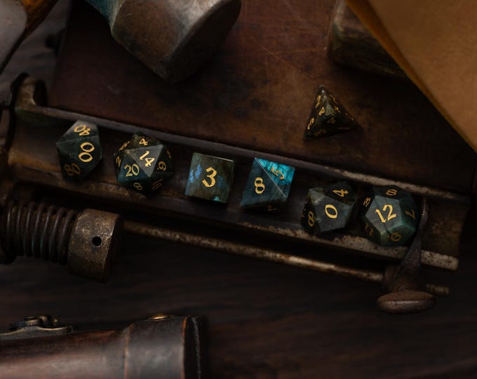 Labradorite Gemstone Dice (And Box) Polyhedral Dice DND Set