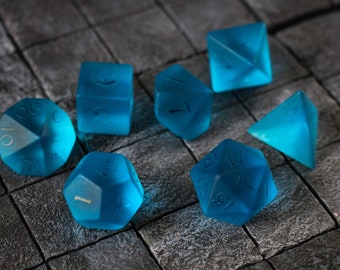 Hand Carved Blue Zircon Glass (And Box) Polyhedral Dice DND Set