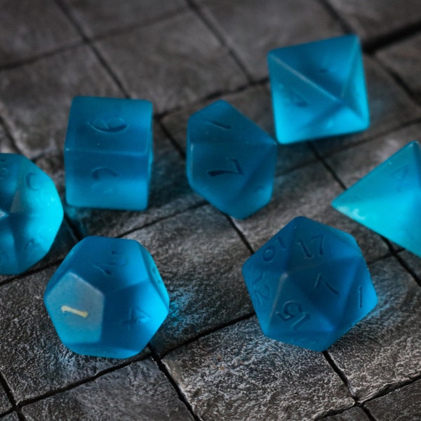 Hand Carved  Blue Zircon Glass (And Box) Polyhedral Dice DND Set