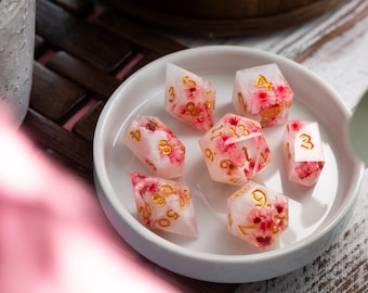 Pink Blossom Handmade Resin DND Dice Set MTG Tabletop Gaming