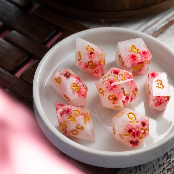 Pink Blossom Handmade Resin DND Dice Set MTG Tabletop Gaming