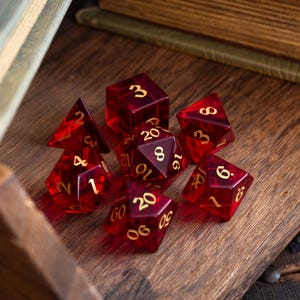 Hand Carved Blood Red Zircon Glass (And Box) Polyhedral Dice DND Set