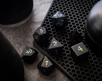 Inked Black Night Raised Obsidian Hand Carved Dice (And Box) DND Set