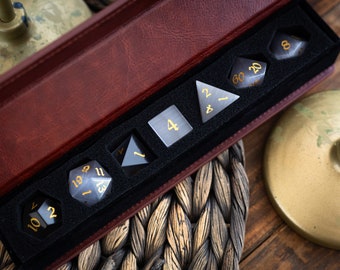 Hand Carved Gemstone Gray Cats Eye Stone (and Box) Polyhedral Dice