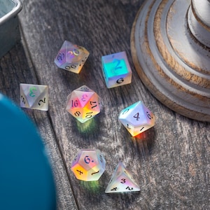 Gemstone (Inked) Raised Dichroic Glass Polyhedral Dice (With Box) DND Set