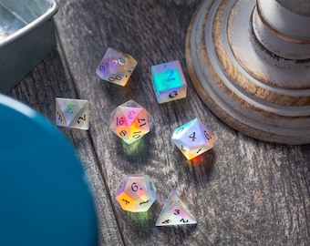 Gemstone (Inked) Raised Dichroic Glass Polyhedral Dice (With Box) DND Set