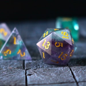 Gemstone Rainbow Fluorite Hand Carved Polyhedral Dice (With Box) DnD Dice Set