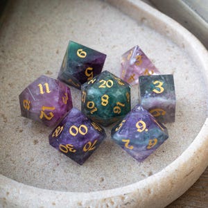 Gemstone Rainbow Fluorite Hand Carved Polyhedral Dice (With Box) DnD Dice Set