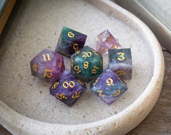 Gemstone Rainbow Fluorite Hand Carved Polyhedral Dice (With Box) DnD Dice Set