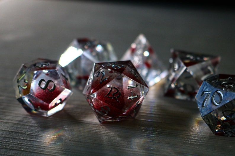 Blood Red Glitter Liquid Core Handmade Sharp Edge Resin Dice Set RPG Game DND Tabletop Gaming 