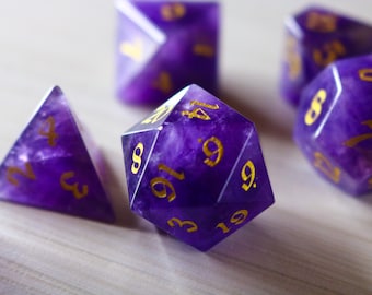 Purple Gemstone Amethyst Dice (With Box) Hand Carved Polyhedral Dice DND Set - Gift For Dnd, RPG Game