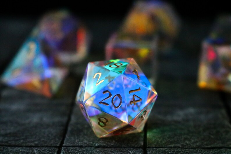 Hand Carved  Gemstone Dichroic Glass Polyhedral Dice (With Box) DnD Dice Set - RPG Game DND MTG Game 