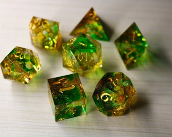 Green And Yellow Nebula Handmade Sharp Edge Resin Dice Set