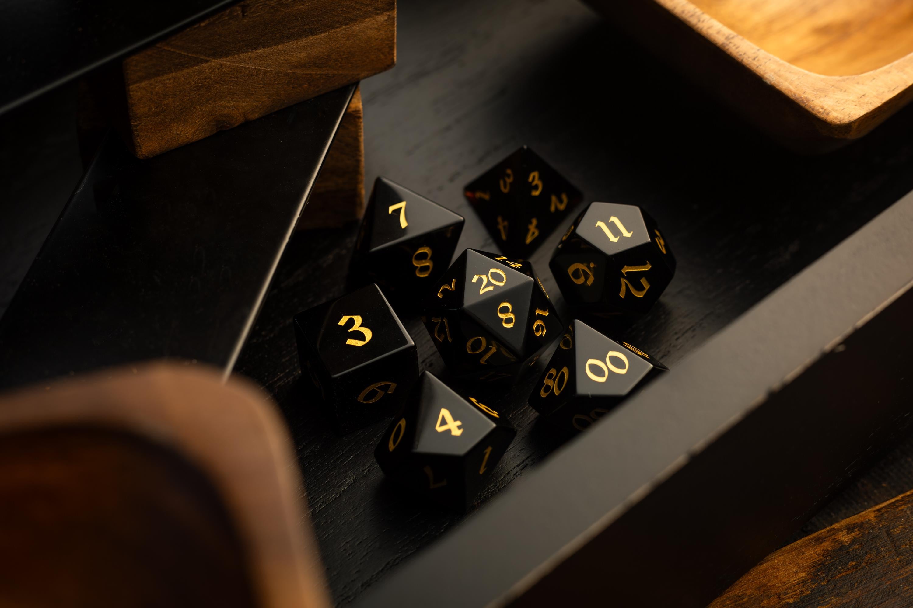 Gemstone Black Night Obsidian Hand Carved Polyhedral Dice (and Box