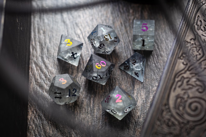 K&ouml;nnte beinhalten: Ein Satz von sechs klaren, schillernden W&uuml;rfeln mit schwarzen Zahlen und bunten Akzenten. Die W&uuml;rfel liegen auf einer Holzoberfl&auml;che.