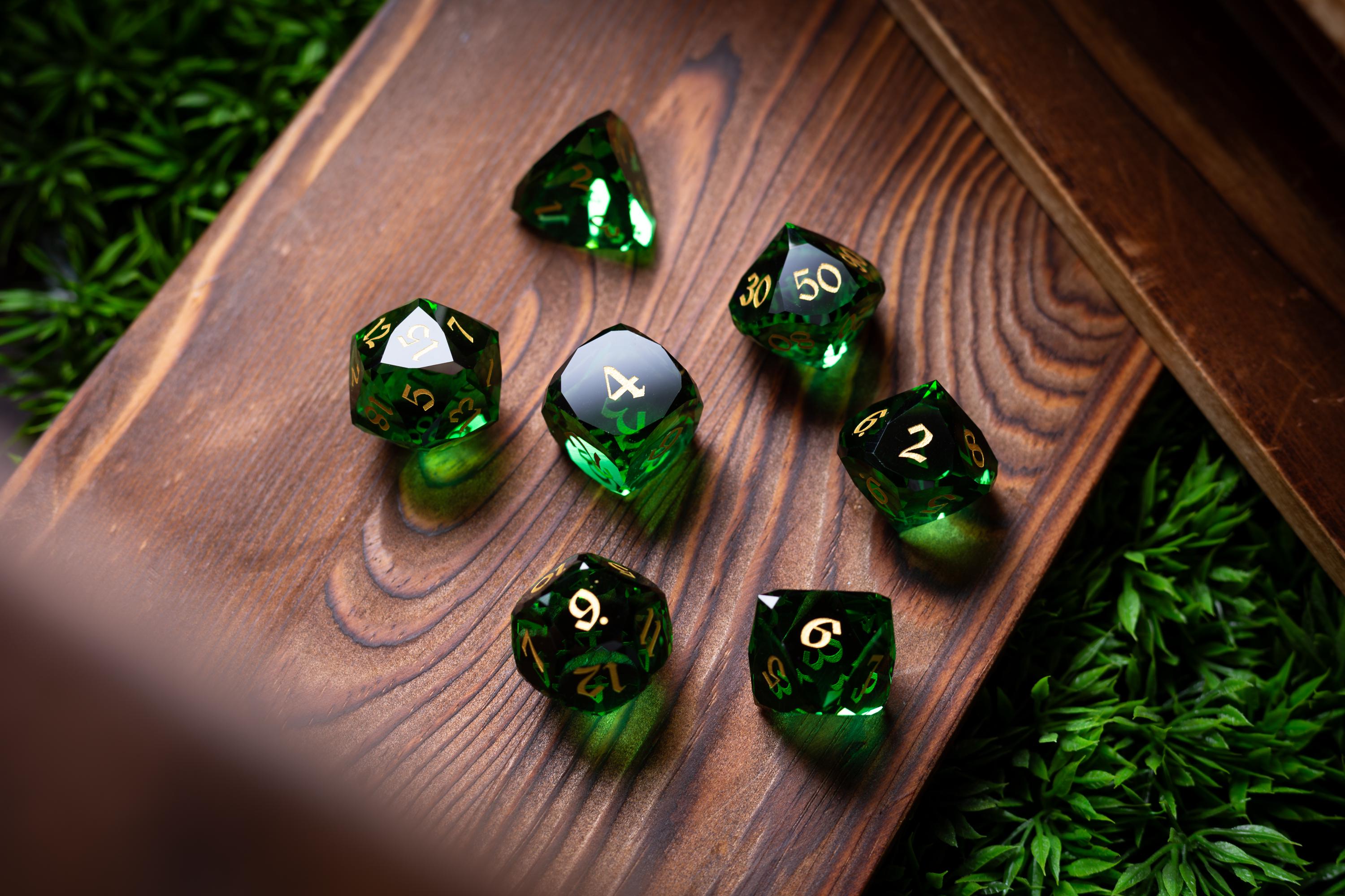 Dwarf Cut Green Gemstone Glass Premium DND Dice Set