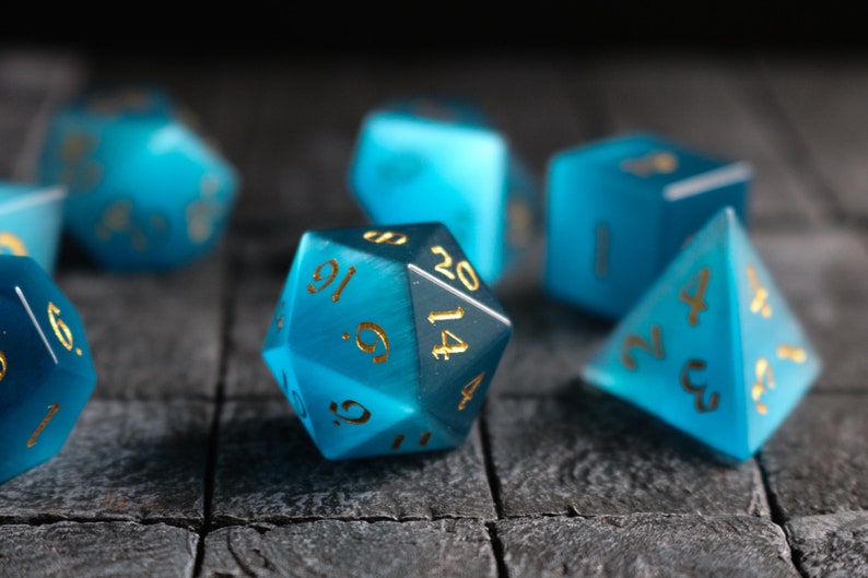 Hand Carved  Gemstone Light Blue Cats Eye Stone (And Box) Polyhedral Dice DnD Dice Set - , RPG 
