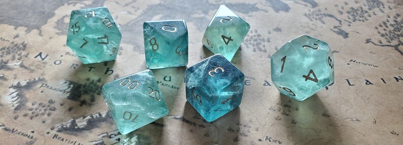 Green Fluorite Gemstone Dice (Chlorophane)  Hand Carved Polyhedral Dice (With Box) DnD Dice Set 