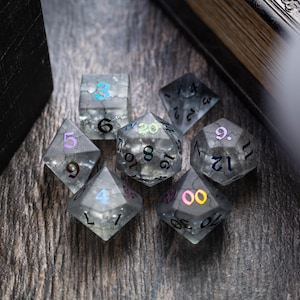 Black Inked Lightning Glass Cracked Glass (And Box) Polyhedral Dice DND Set