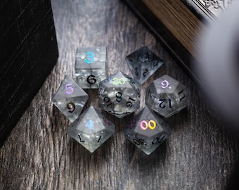 Black Inked Lightning Glass Cracked Glass (And Box) Polyhedral Dice DND Set