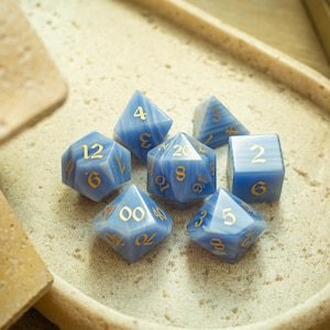 Hand Carved Gemstone Blue Lace Agate Eye Stone (And Box) Polyhedral Dice DnD Dice Set