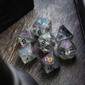 K&ouml;nnte beinhalten: Ein Satz von sieben transparenten, schillernden W&uuml;rfeln mit bunten Zahlen. Die W&uuml;rfel sind auf einer Holzoberfl&auml;che verstreut.