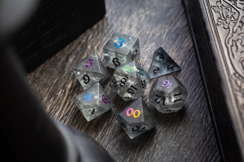 K&ouml;nnte beinhalten: Ein Satz von sieben transparenten, schillernden W&uuml;rfeln mit bunten Zahlen. Die W&uuml;rfel sind auf einer Holzoberfl&auml;che verstreut.