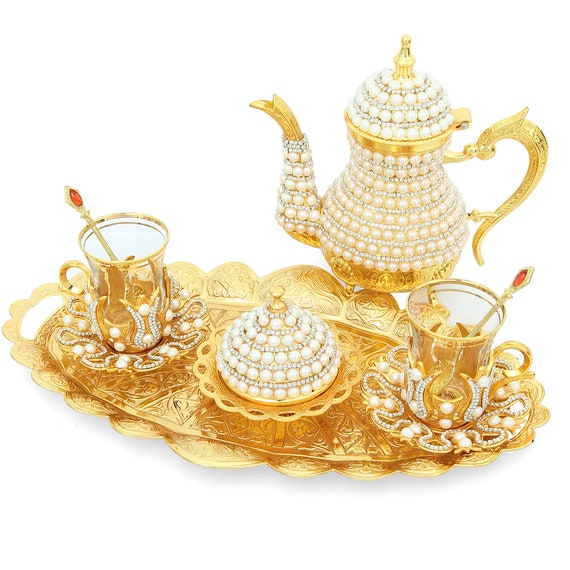 Vintage Turkish Tea Set with Tray Metal Teapot Set