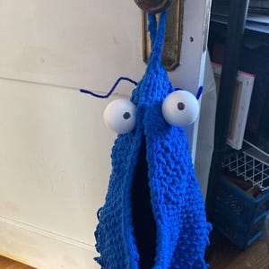 May include: A blue crocheted hanging basket with a large opening and white googly eyes. The basket is hanging from a door knob.