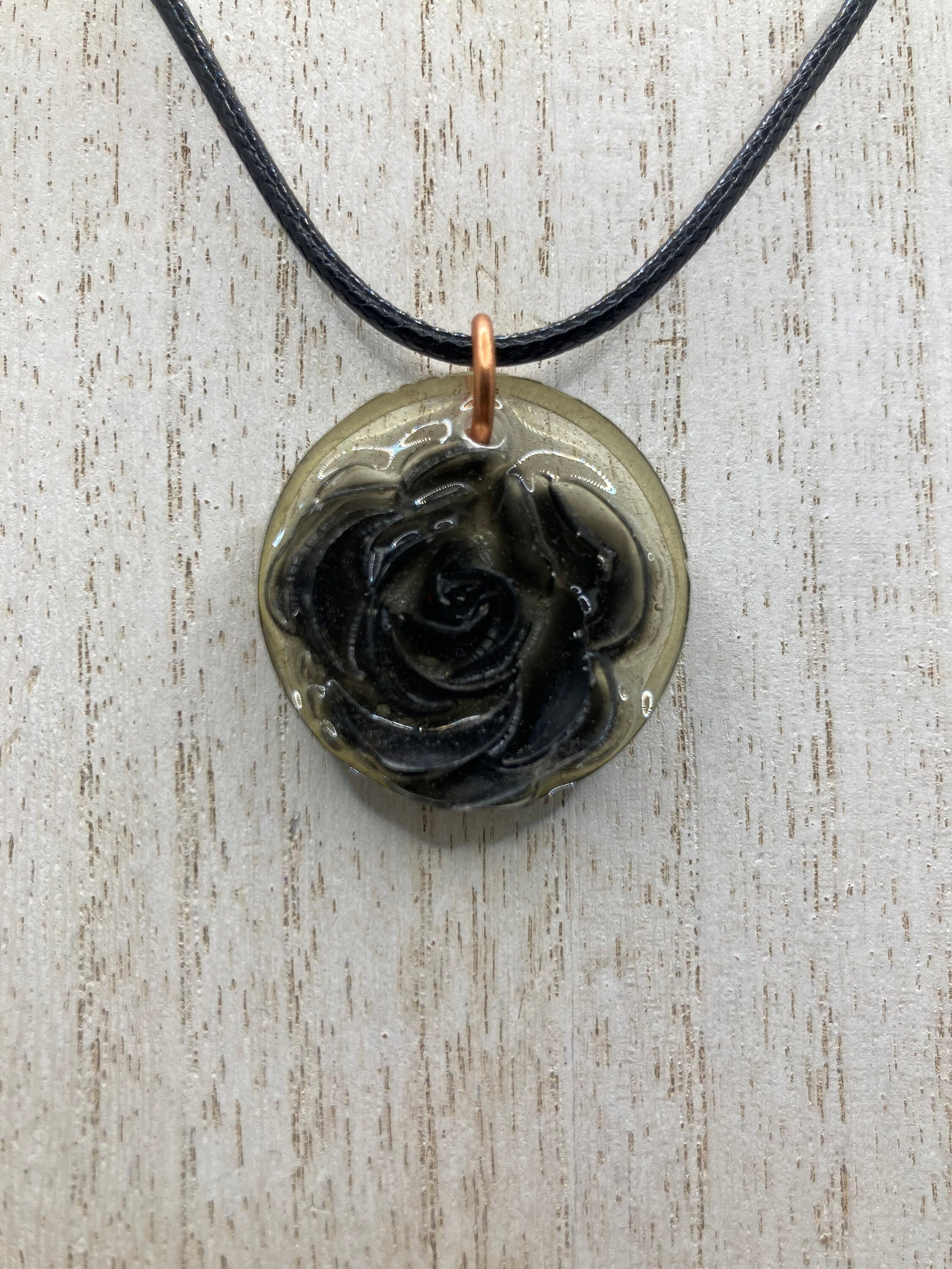Black rose pendant with Black cording