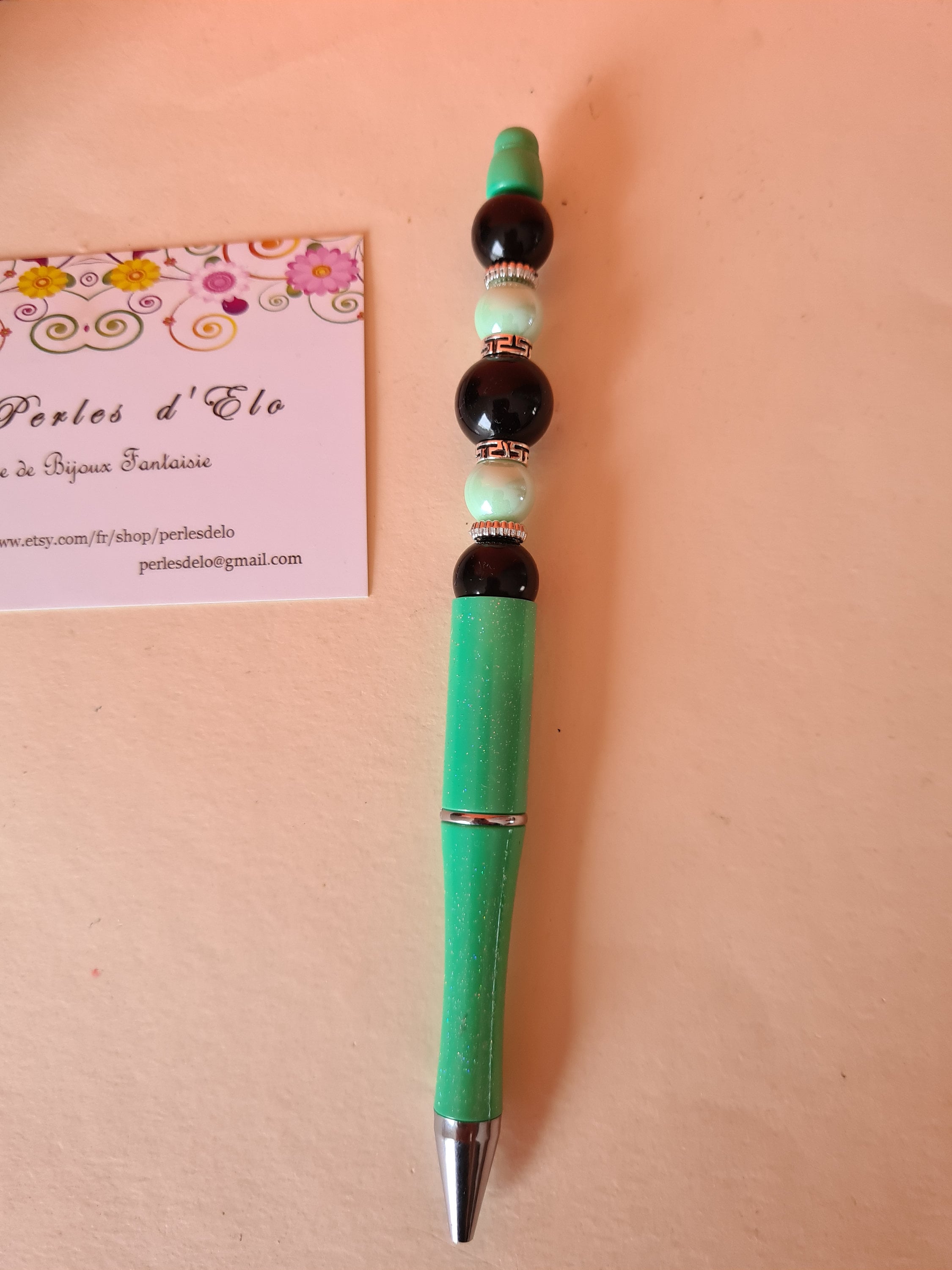 Sylo Perlé Vert Pailleté Perles Noires et Vertes