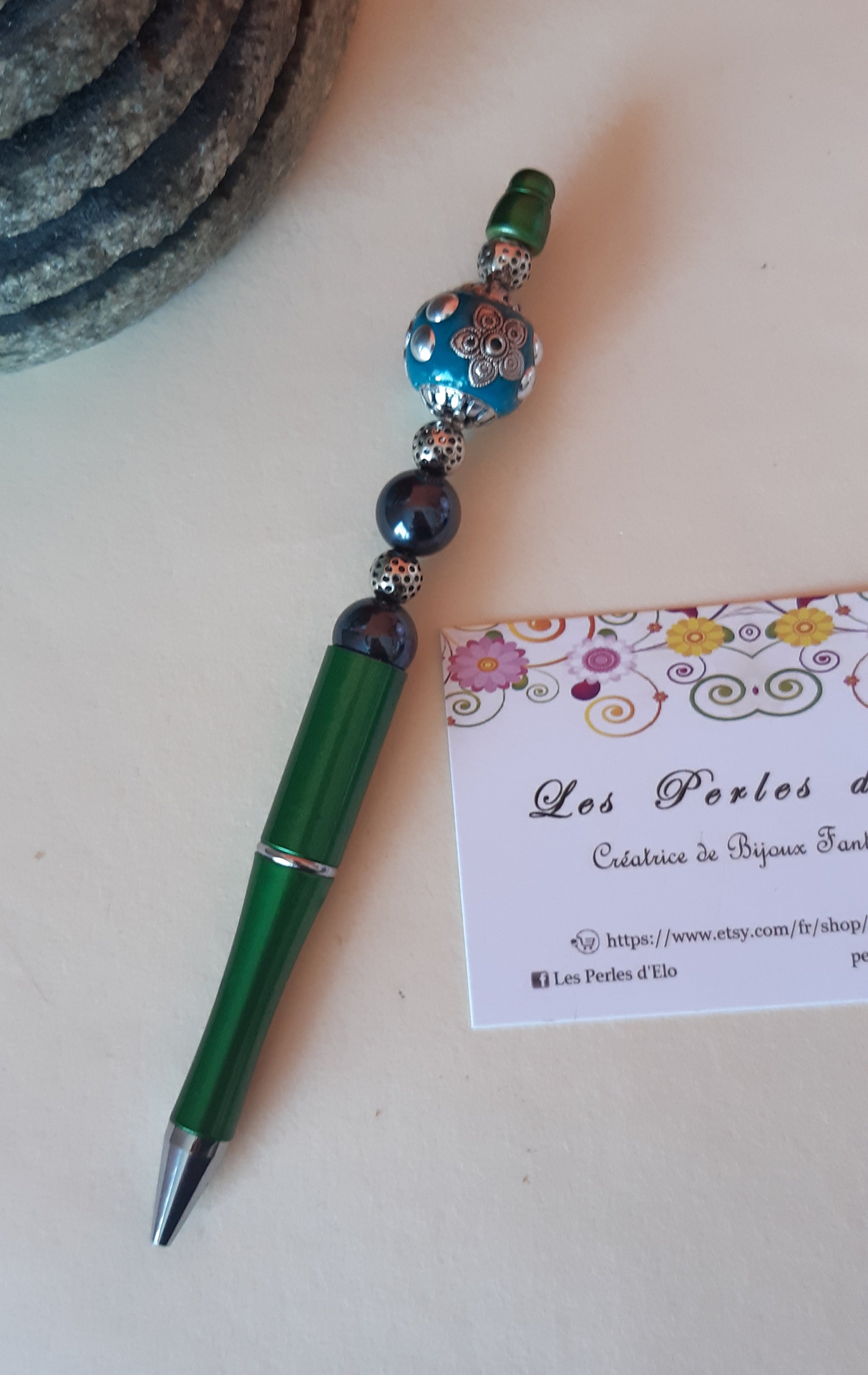 stylo Perlé Vert Métallisé, Perle Indonésienne et Bleues