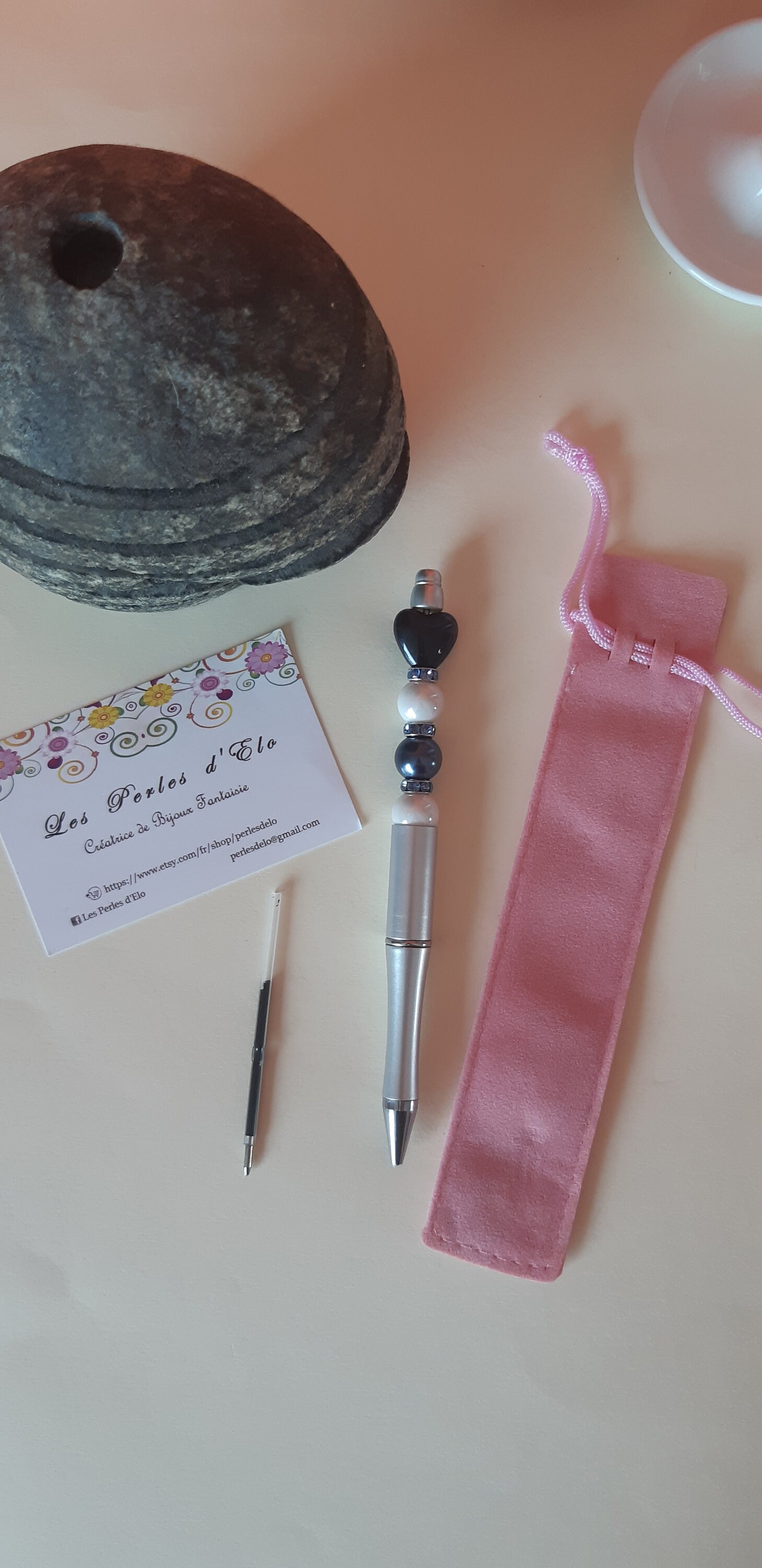 Stylo Perlé Argenté Strass et Coeur Bleu