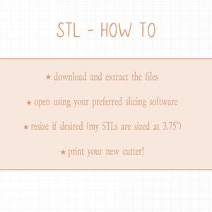 May include: A beige box with a white grid pattern and the text "STL - HOW TO" in brown. The box contains instructions for downloading, extracting, opening, resizing, and printing STL files. The instructions are written in brown text with a star symbol before each step.