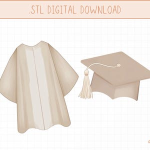 Puede incluir: Ilustración digital de atuendo de graduación. La imagen presenta una toga de graduación beige y un birrete a juego con una borla. El texto en la parte superior dice ".STL DIGITAL DOWNLOAD". La esquina inferior derecha tiene el texto "OH SO doughtlightful".