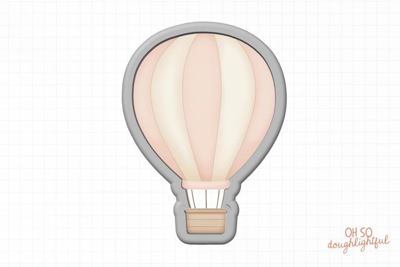 May include: A gray metal cookie cutter shaped like a hot air balloon with a pink and white striped balloon and a brown basket.