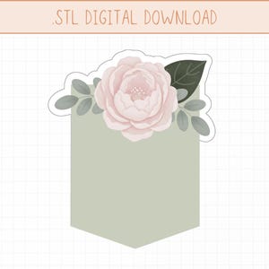 Könnte beinhalten: Grafik zum digitalen Download mit einem hellgrünen Banner, das von einer rosa Pfingstrose und grünen Blättern gekrönt wird. Der Text ".STL DIGITAL DOWNLOAD" befindet sich oben im Bild.