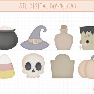 May include: A collection of Halloween-themed illustrations, including a cauldron, witch's hat, potion bottle, Frankenstein's monster, candy corn, skull, tombstone, and pumpkin. The image has a soft, pastel color palette and the text ".STL DIGITAL DOWNLOAD" is at the top.
