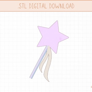 Puede incluir: Un modelo 3D imprimible de una varita rosa en forma de estrella con una cinta blanca. La varita está sobre un fondo de cuadrícula blanca. .STL DIGITAL DOWNLOAD