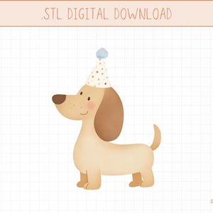 Puede incluir: Un dachshund marrón y blanco con un gorro de fiesta de lunares azules y blancos. El perro está de pie sobre un fondo blanco cuadriculado.