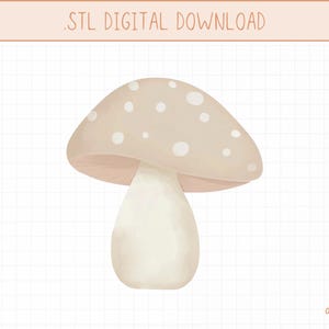 May include: A digital download of a 3D printable model of a mushroom with a beige cap and white spots, and a white stem. The mushroom is on a white background with a grid pattern.