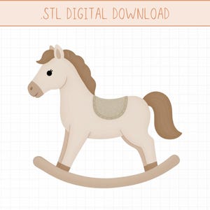 May include: A light beige rocking horse illustration with a brown mane and tail. The horse has a small saddle and is set against a grid background. The text ".STL DIGITAL DOWNLOAD" is at the top.