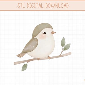 May include: A digital download of a 3D printable STL file for a small, white bird with brown spots perched on a branch with green leaves. The bird has a brown head and a white body with brown spots. The bird is looking to the right.