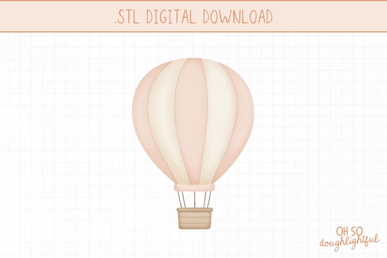 May include: A pink and white striped hot air balloon with a brown basket. The balloon is on a white grid background.