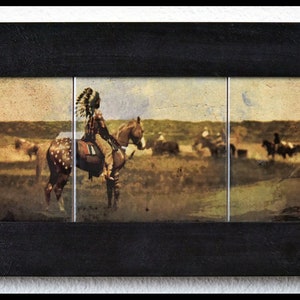 Framed Ceramic Tile Triptych of Battle of the Little Bighorn Reenactment, &quot;Train Spotting&quot;