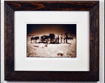 Framed Sepia Gelatin Silver Photo Print of Cattle Roundup #3 "The Chuckwagon"