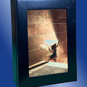 Wooden Keepsake Box with Ceramic Tile Photo Art Sublimation of young fairy in &quot;preflight&quot; mode.