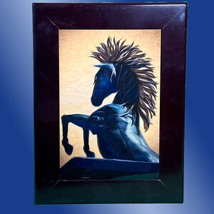 Wooden Keepsake Box with Ceramic Tile Art Sublimation of a black horse rearing.