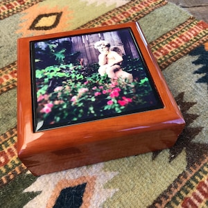 Wooden Keepsake Box with Ceramic Tile Photo Art Sublimation of Angel Statue in Garden