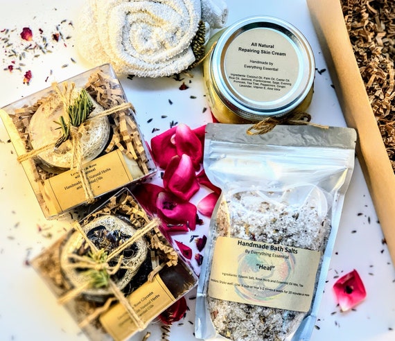 Heal: Rose & Lavender Bath and Body Set - Gift, Soaps, Loofah Soaps, Bath Salts, All-Natural Skin Cream, Antibacterial, Antiviral, Acne